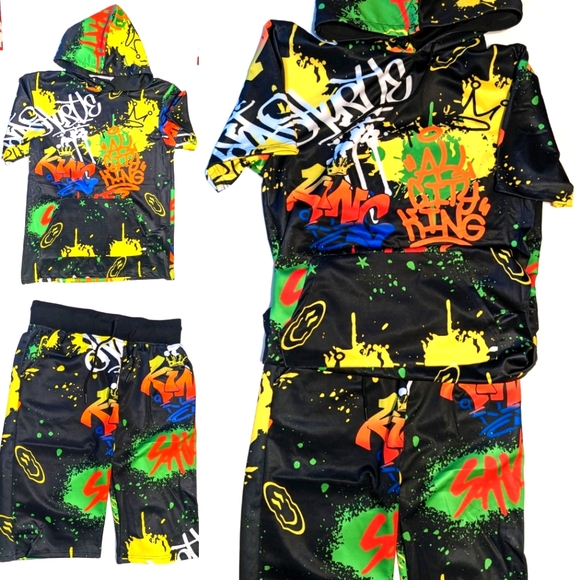 unbranded Other - Men's Fashion Graffiti Print Short Sleeve Hoodie with Jogger Shorts Set